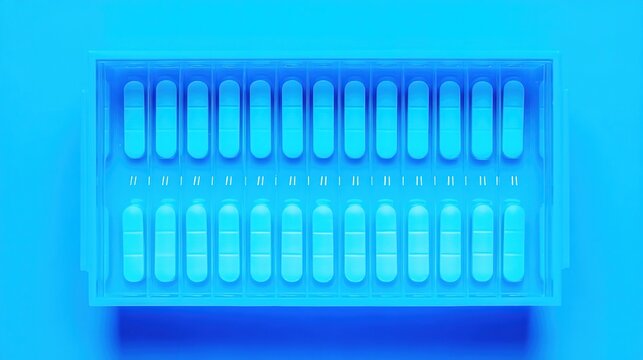 oligarchy. Pill organizer with tablets in sequence, clinical top view, geometric arrangement. STEM education sheets, lab safety posters, designed for biotech research communications.