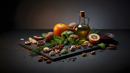 Fresh Fruits, Nuts and Olive Oil Still Life on Dark Background