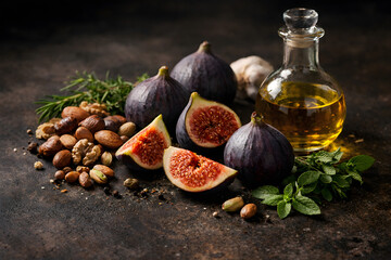 Fig and Nut Still Life Arrangement with Olive Oil and Fresh Herbs