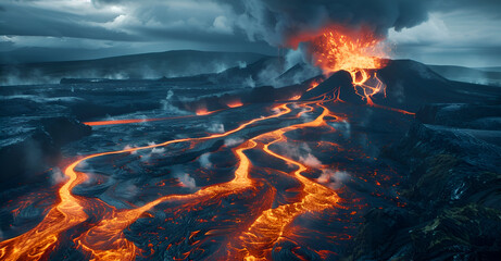 Dramatic volcanic eruption with flowing lava rivers under dark skies