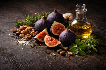 Rustic Figs and Nuts with Olive Oil on Dark Background