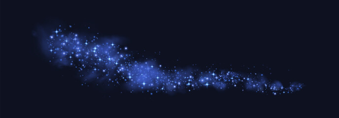 Blue magic sparks and dust stars. Blue glow flare light effect. Vector particles on black background. © Elena