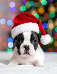 Festive French Bulldog Puppy in Santa Hat with Christmas Lights.