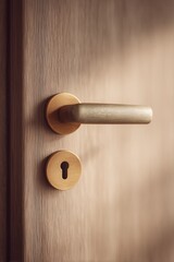 Obraz premium Contemporary golden metal door handle and keyhole on textured wooden door. Focus on modern interior design element