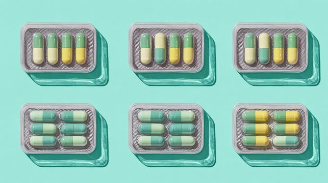 oligarchy. Pill organizer with tablets in sequence, clinical top view, geometric arrangement. STEM education sheets, lab safety posters, designed for biotech research communications.