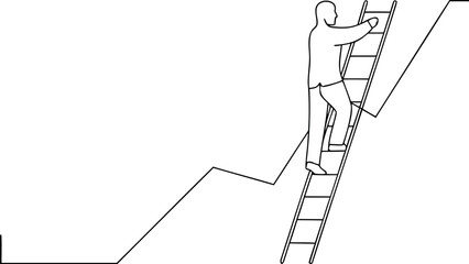Man climbing ladder up abstract stairway to success