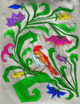 Artistic hand-drawn illustration of a colorful bird among green leaves and purple, pink, and yellow flowers. Perfect for greeting cards, nature-themed decor, and creative print projects. Hand Drawn 