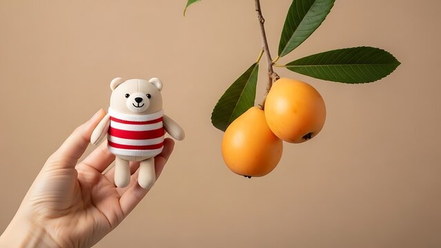 Cute bear toy with stripes near ripening loquat fruits on peach backdrop