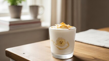 Creamy white coconut milk and banana smoothie with banana slices and shredded garnish in a clear glass