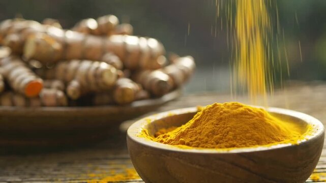 Cinematic macro slow-motion video bright yellow turmeric powder swirling rustic wooden bowl, golden dust particles glowing warm sunlight, blurred fresh turmeric roots ceramic plate organic wellness 4k
