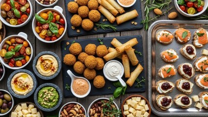 Overhead view of a diverse gourmet appetizer spread falafel, spring rolls, canapés, dips, salads, nuts