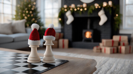 White chess pieces with red Santa hats on chessboard, cozy living room, fireplace, Christmas tree, festive holiday mood