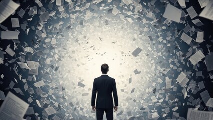 Man in suit stands amidst a swirling vortex of flying papers, facing a bright light of knowledge