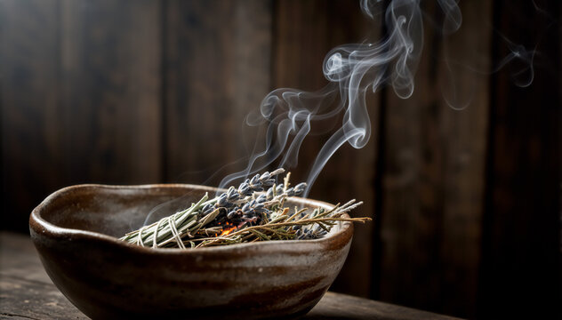 Burning fragrant herbs in a rustic ceramic bowl with smoke rising. Smudge stick of dried lavender and rosemary for aromatherapy. Spiritual cleansing and meditation concept with copy space