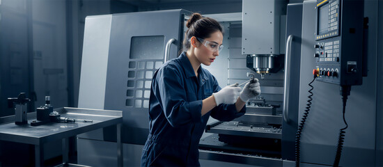 Female machinist working on a CNC machine in a modern factory. Young woman engineer inspecting metal part with precision. Industrial manufacturing concept
