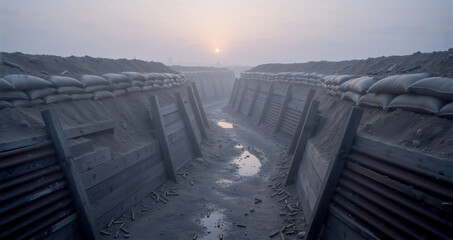 Foggy military trench at dawn with sandbags and scattered bullet casings. Deep winding fortification on a battlefield. Historical World War concept