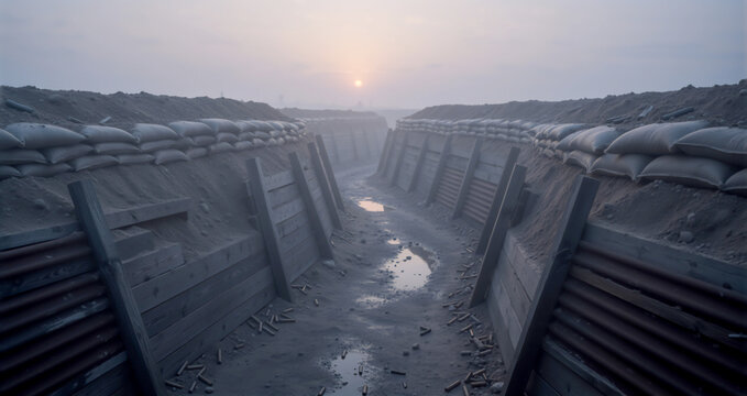 Foggy military trench at dawn with sandbags and scattered bullet casings. Deep winding fortification on a battlefield. Historical World War concept