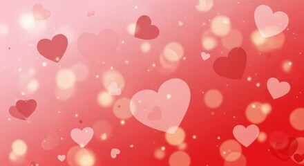 Vibrant red background with floating hearts and golden bokeh lights