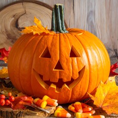 Festive Jack-o-Lantern with Candy Corn and Autumn Leaves.