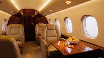 Luxurious private jet interior with beige leather seats, a wooden table holding fruit and nuts, and warm lighting