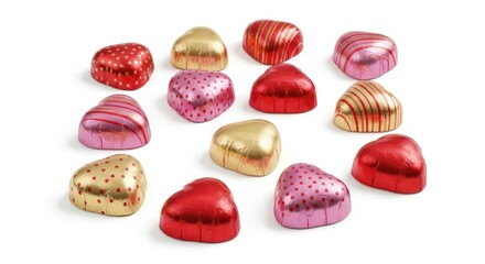 Obraz premium Assorted colorful heart shaped chocolates on white background