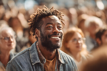 Close up picture of a happy and laughing staff or participant people group listening to a startup business owner at a trade show exhibition event. Generative AI.