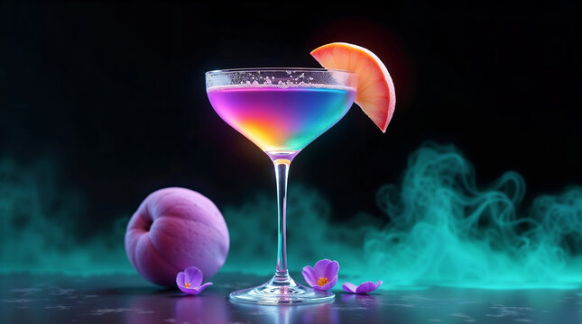 Vibrant glowing purple and blue coupe cocktail with grapefruit slice garnish and fresh flowers in a smoky neon atmosphere