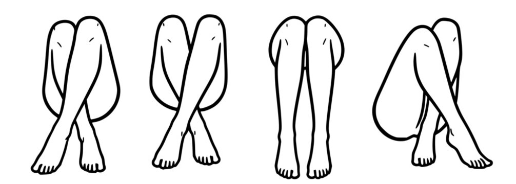 Collection of simplified line drawings illustrating diverse seated human leg poses and body positions, emphasizing form and posture