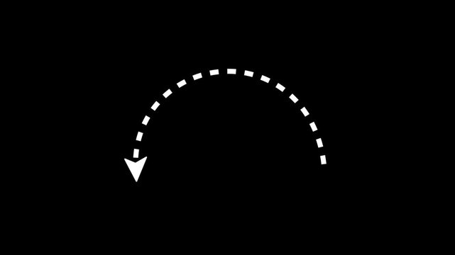 Curved white arrow animation with dotted line, curved arrow to the left, black screen 4k video