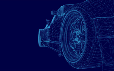 A detailed 3D wireframe model of a high-performance sport car engine, featuring a prominent turbine component on a solid blue background. © German Ovchinnikov