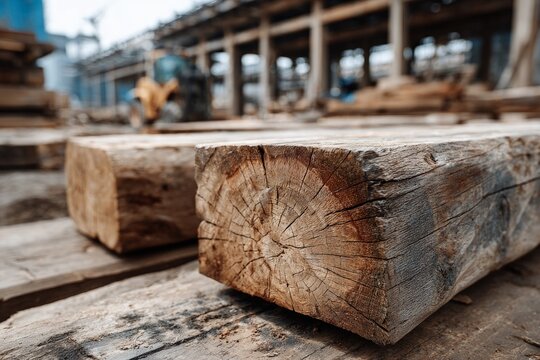 Timber beams lying on a wooden pallet board at a construction site - Powered by Adobe
