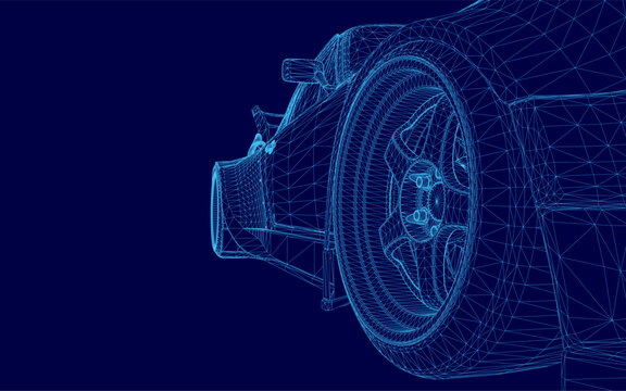 A detailed 3D wireframe model of a high-performance sport car engine, featuring a prominent turbine component on a solid blue background.