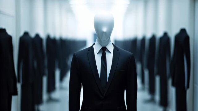 A man in a suit and tie stands in front of a wall of clothes