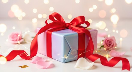 Obraz premium Beautifully wrapped gift box with red ribbon and roses for Valentine's Day