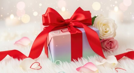 Obraz premium Beautiful gift box with red bow and roses for Valentine's Day