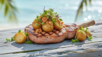 Chargrilled bone-in pork chop, topped with golden potatoes, fresh sprouts, served on weathered wood at beach