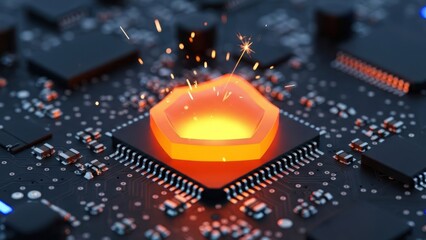 A central glowing orange hexagonal chip sparks on a dark, intricate circuit board, illustrating data processing