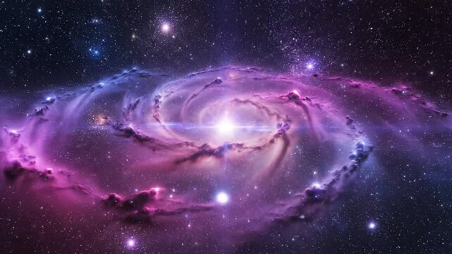 Vibrant spiral galaxy with swirling purple and pink nebulosity, stars, and cosmic dust, rendered in a stunning, ethereal, and dreamy artistic style, set against a dark, starry night sky.