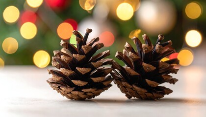 Festive Pine Cones with Bokeh Lights for Christmas Decor.