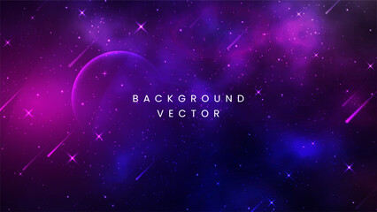 Vibrant abstract space background with purple and blue nebula galaxy featuring glowing stars and shooting star comets in deep cosmos © gegen