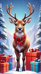 Festive Reindeer with Christmas Gifts in Snowy Winter Wonderland.
