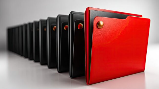 Data management concept row of black folders with a single red folder highlighting a unique item