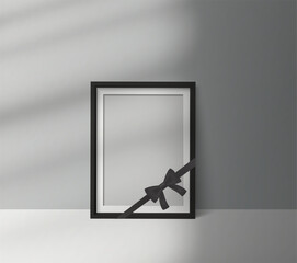 Black mourning frame with ribbon bow standing on the floor, realistic memorial mockup with soft window shadow overlay, perfect for funeral tribute, condolence card, and remembrance design.