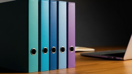 Gradient of five blue and purple file binders on a wooden desk, with a laptop and notebook in the background