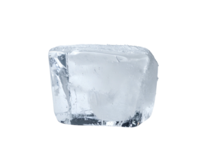 A single, clear ice cube melts, revealing internal air bubbles