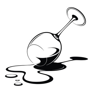 Overturned wine glass with spilled wine showing carelessness or accident in black and white graphic design vector illustration