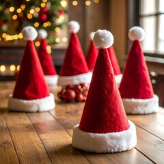 Festive Santa Hats on Wooden Table with Christmas Tree Background.