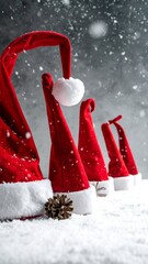 Festive Santa Hats in Snowy Winter Scene - A Christmas Celebration.