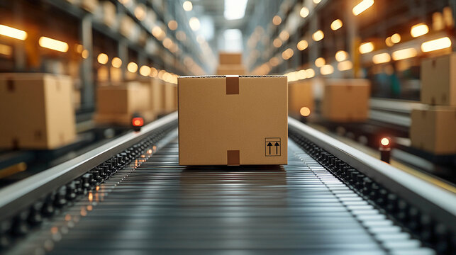 A cardboard box on a moving conveyor inside a modern logistics center. Online shopping, product delivery, and logistics.