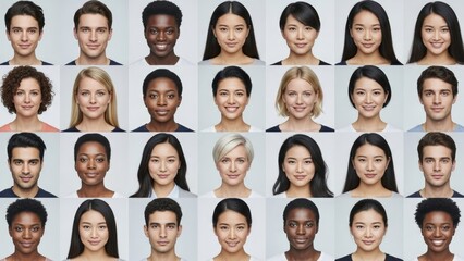 Collage of 25 diverse smiling faces men, women, varied ethnicities, plain backgrounds